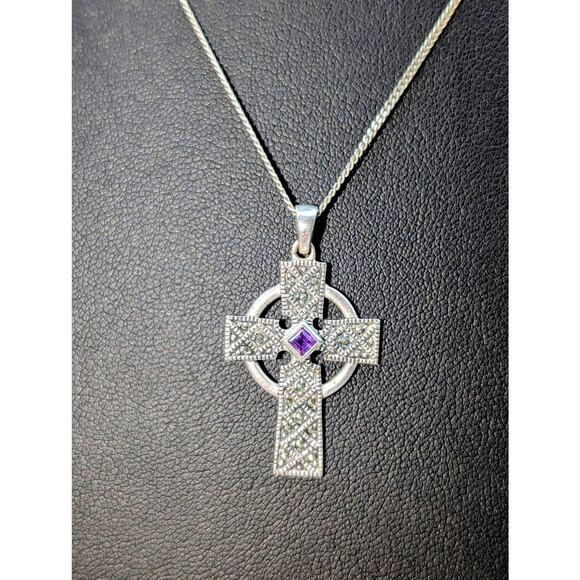 925 Sterling Silver Marcasite Amethyst Celtic Cross Pendant Chain 18" Necklace - Picture 4 of 8